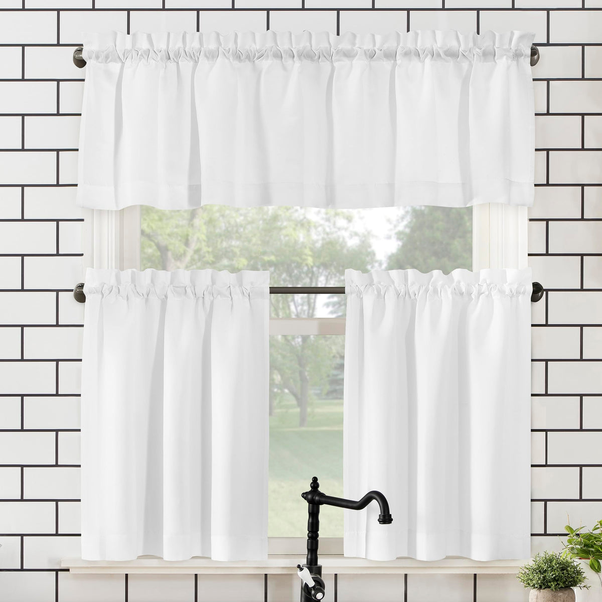 No. 918 Martine Microfiber Semi-Sheer Rod Pocket Kitchen Curtain Valance and Tiers Set, 54" x 36", Red