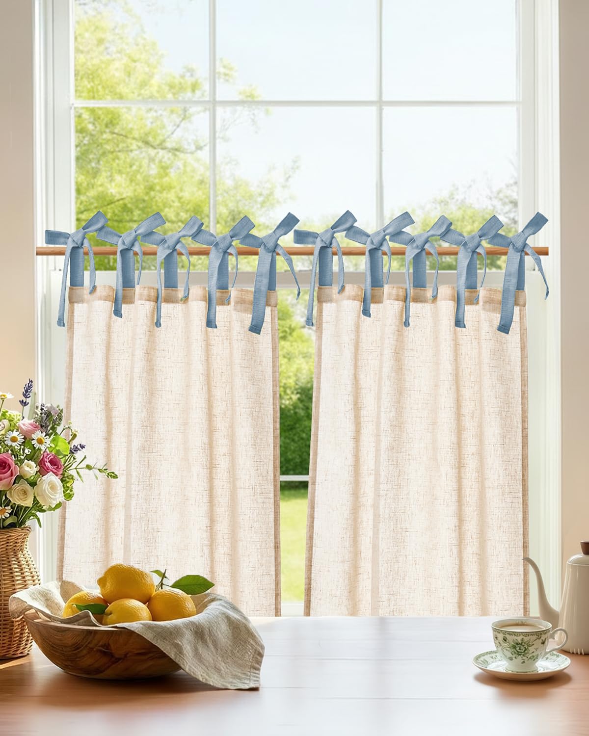 jinchan Solid Linen Kitchen Tier Curtains 24 Inches Tie Top 2 Panles Crude