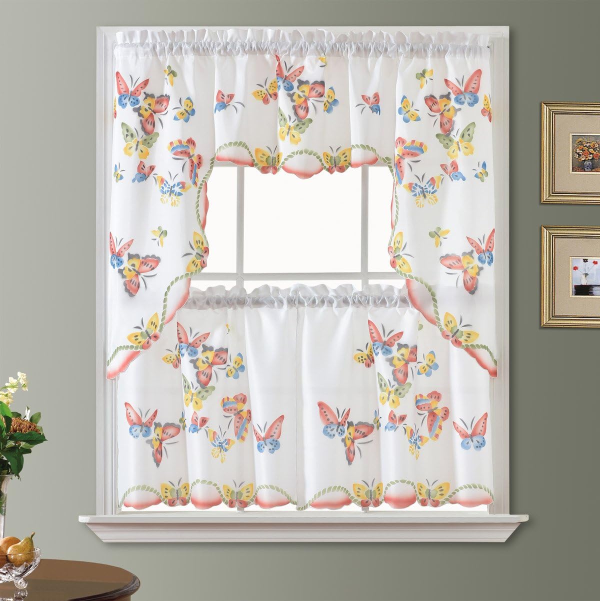 GOHD 3pcs Kitchen Curtain Set,Air-Brushed Butterfly by Hand,24" Tiers Set