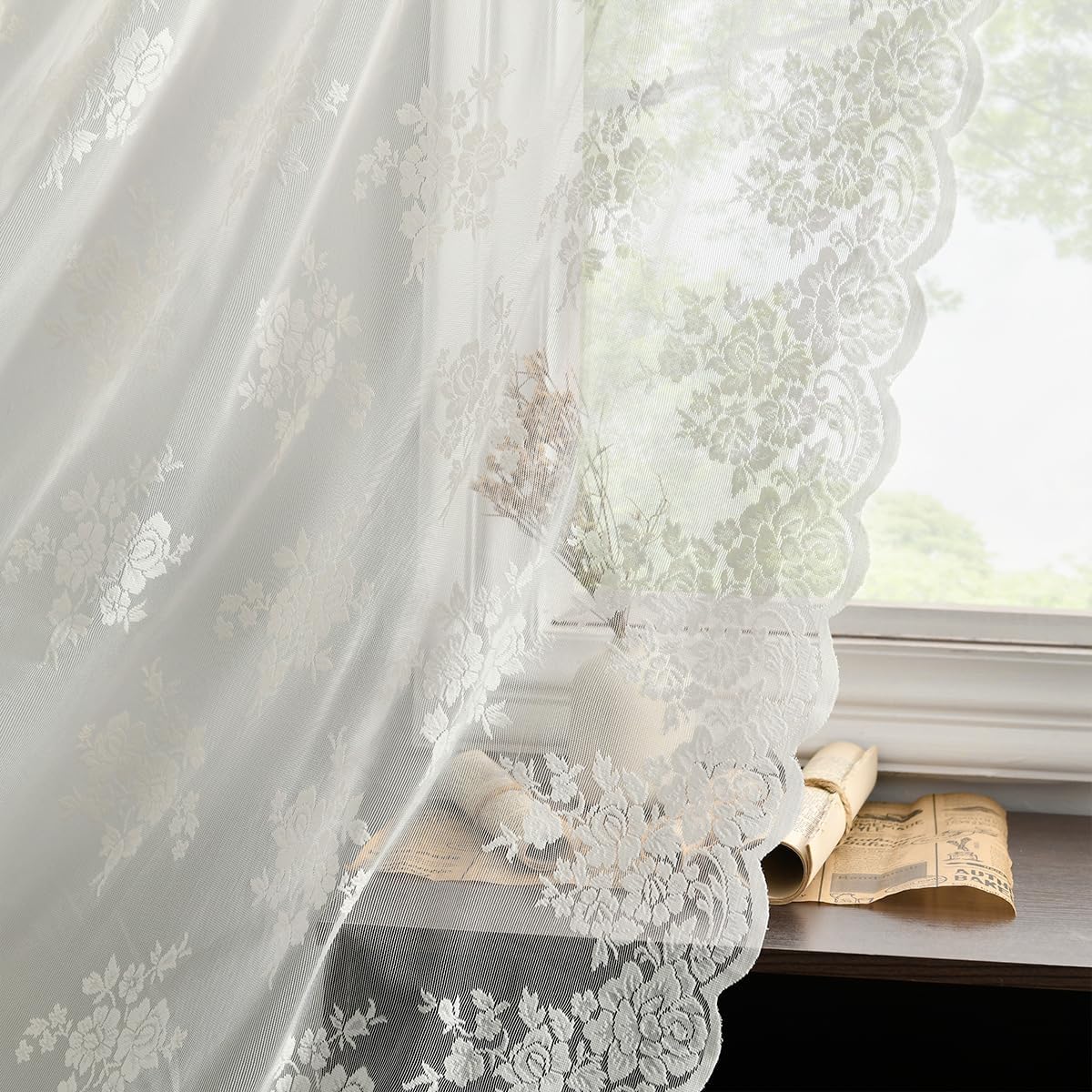Kotile Short Beige Lace Curtains for Kitchen Windows W42xL45 Inch, 2 Panels