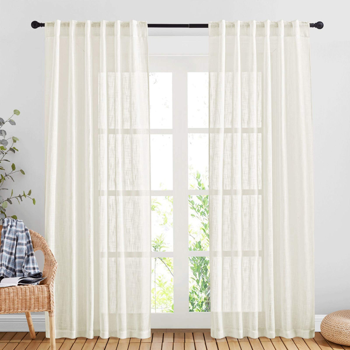 NICETOWN Natural Linen Kitchen Curtains 26 inches Long, Rod Pocket & Back Tab Semi Sheer Flax Window Treatments Rustic & Cute for Cafe/Kids Room, W37 x L26, 2 Panels