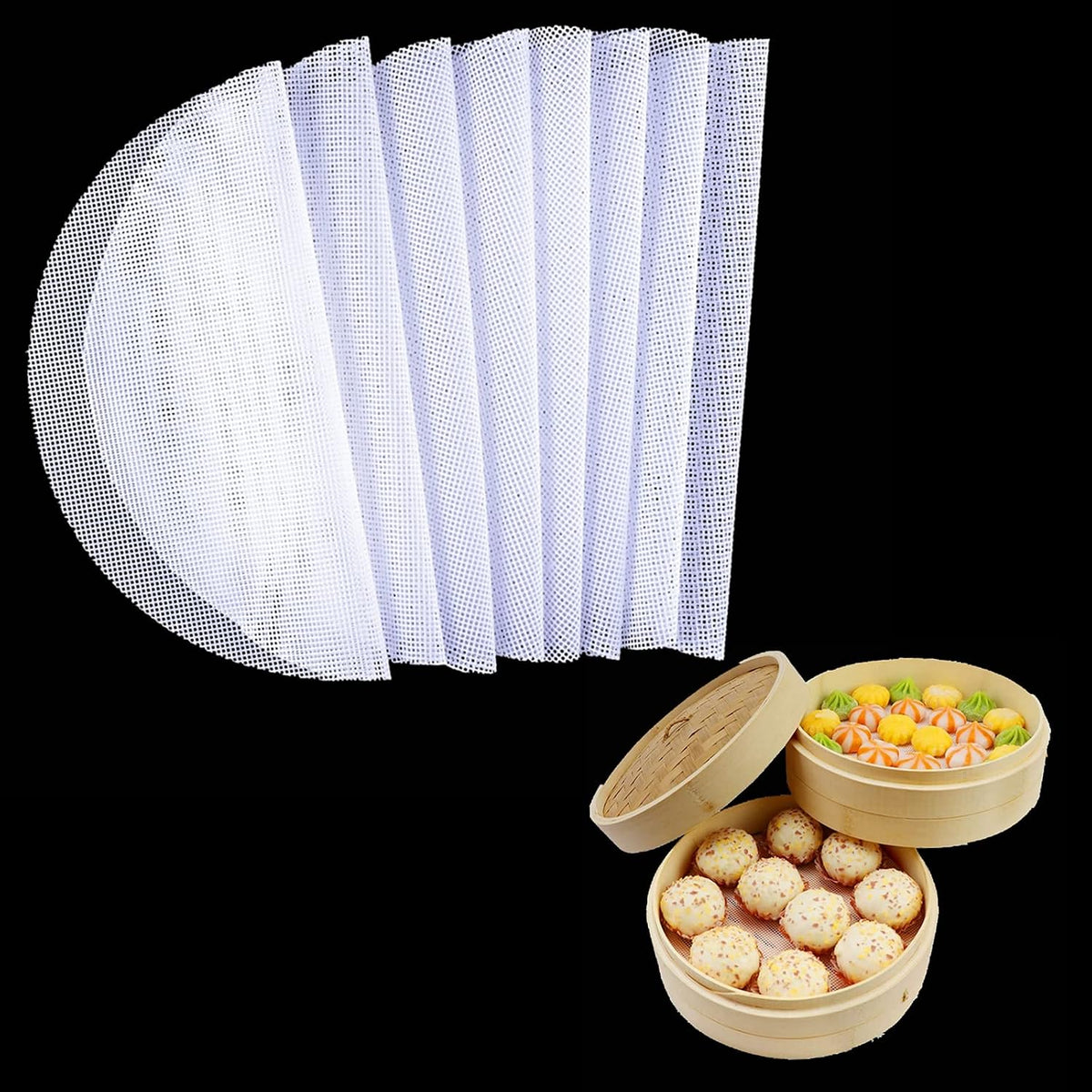 8Pcs Round Silicone Steamer Liners,11inch Non-stick Silicone Steamer Mesh Mat,Reusable Bamboo Steamer Liner Pad Dim Sum Mesh for Home Kitchen Cooking(8, 11 x 11 inch)