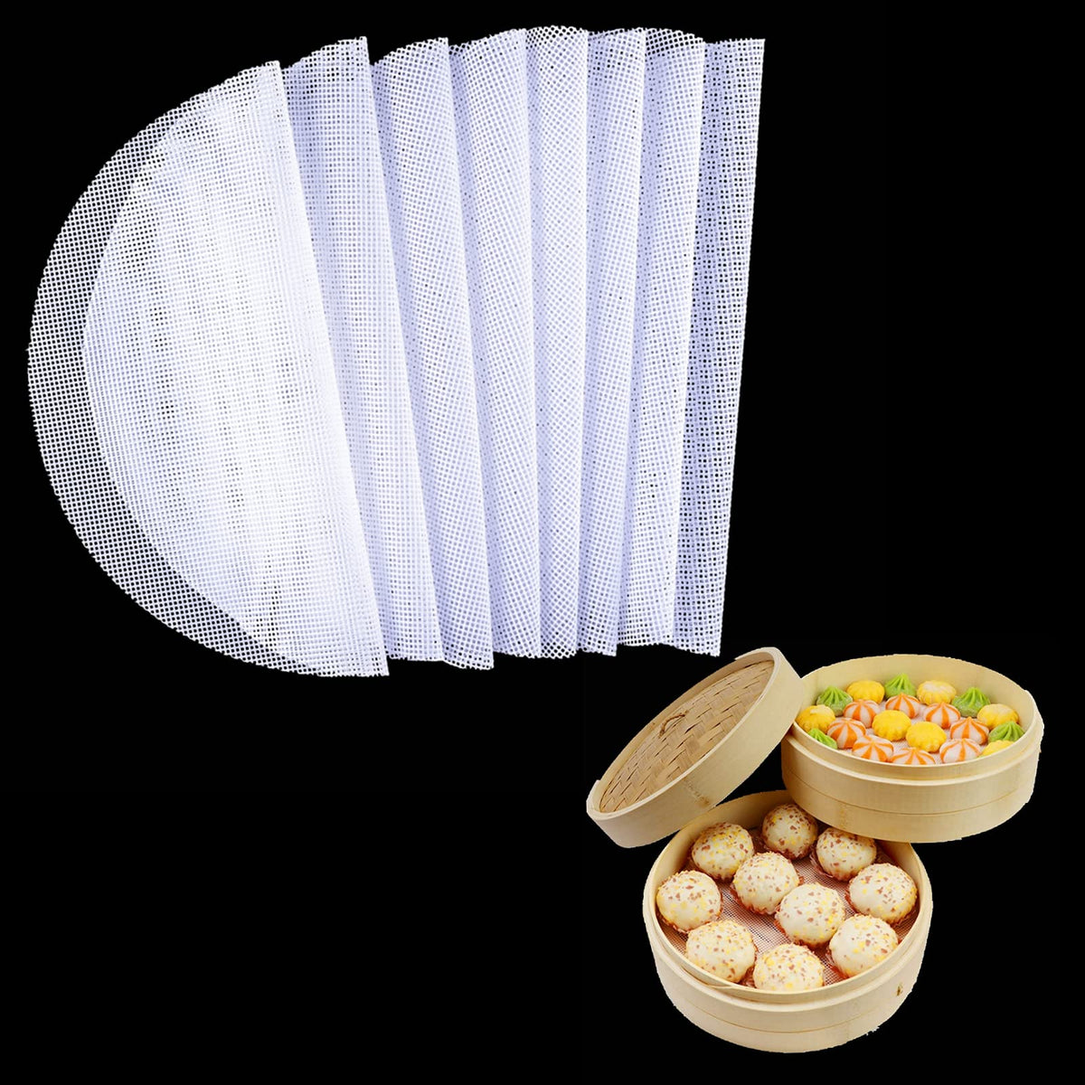 8Pcs Round Silicone Steamer Liners,11inch Non-stick Silicone Steamer Mesh Mat,Reusable Bamboo Steamer Liner Pad Dim Sum Mesh for Home Kitchen Cooking(8, 11 x 11 inch)