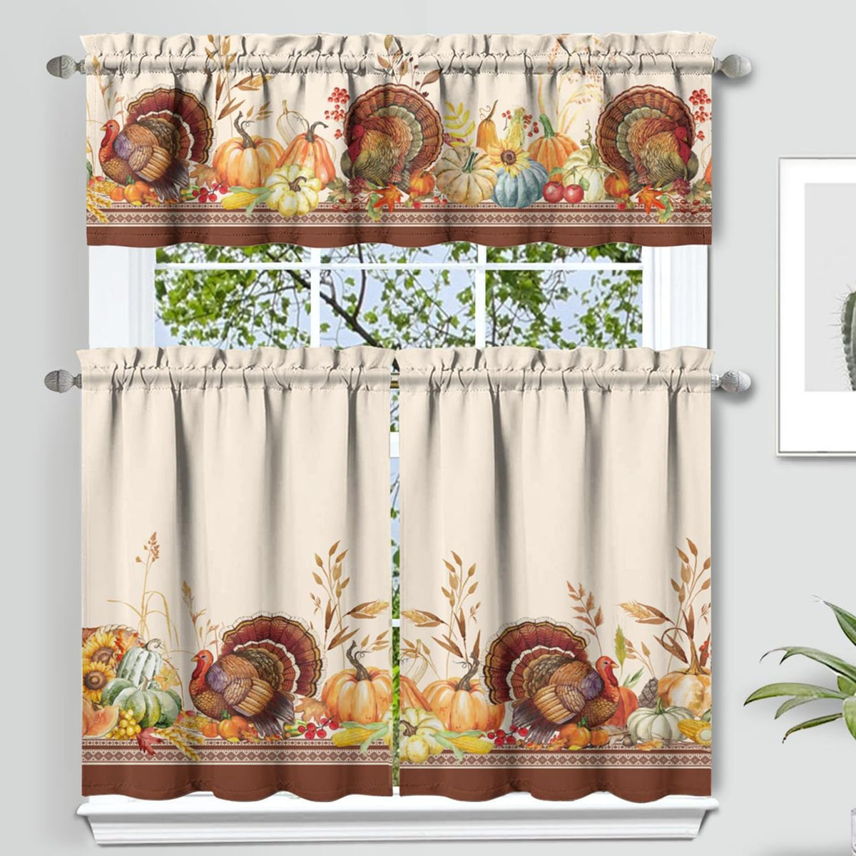 Sage Kitchen Curtain Valance 3 Piece Set, Sage Leaf Floral Kitchen Decor for Home Interior, Farmhouse Style Sink Window Curtains 36 Inch