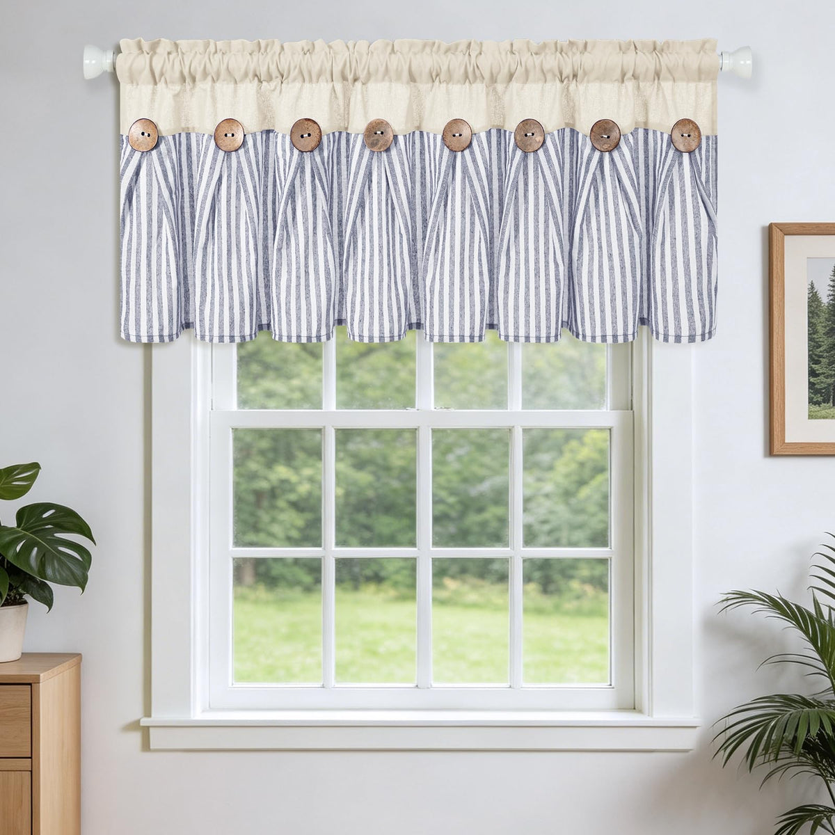 BLEUM CADE Farmhouse Kitchen Curtains 36 Inch, Cotton Linen Cafe Curtains with Rustic Buttons, Boho Small Window Curtains for Bathroom, Green Stripe Half Window Drapes Over Sink, 2 Panels