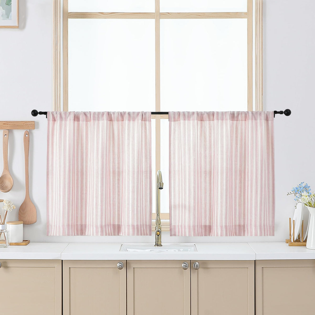 Chyhomenyc Striped Short Curtains 36 Inch Length - Light Filtering Faux Linen Living Room Tier Half Window Curtains, Farmhouse Modern Boho Curtain for Bathroom, 30Wx36L, 2 Pieces, Stone Blue