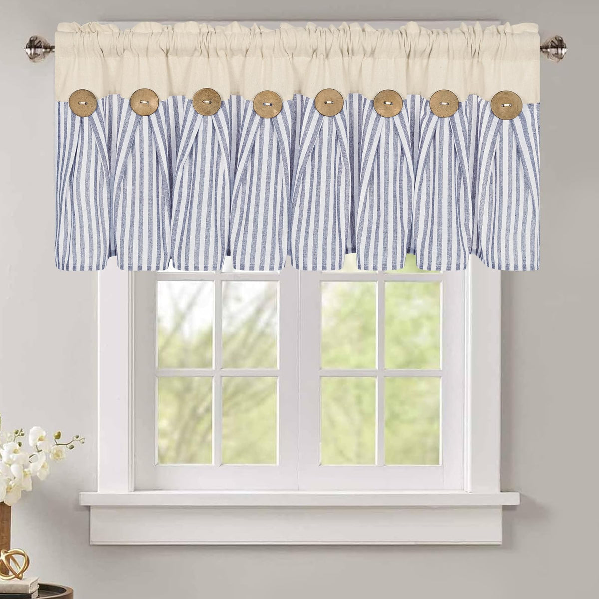 ASPMIZ Cotton Linen Kitchen Valance Curtains, Boho Rustic Button Linen Valances for Windows Farmhouse, Black with Grey Stripe Valance Window Topper Treatment Window Valances for Bathroom, 52 x 18 Inch