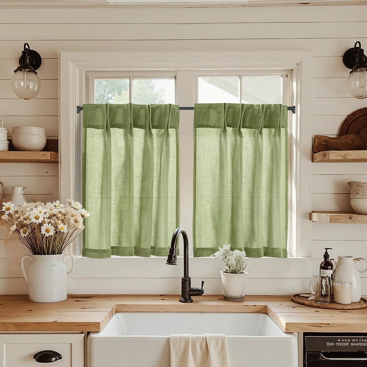 jinchan Linen Pinch Pleated Back Tab Tier Curtains, 26x24, Natural