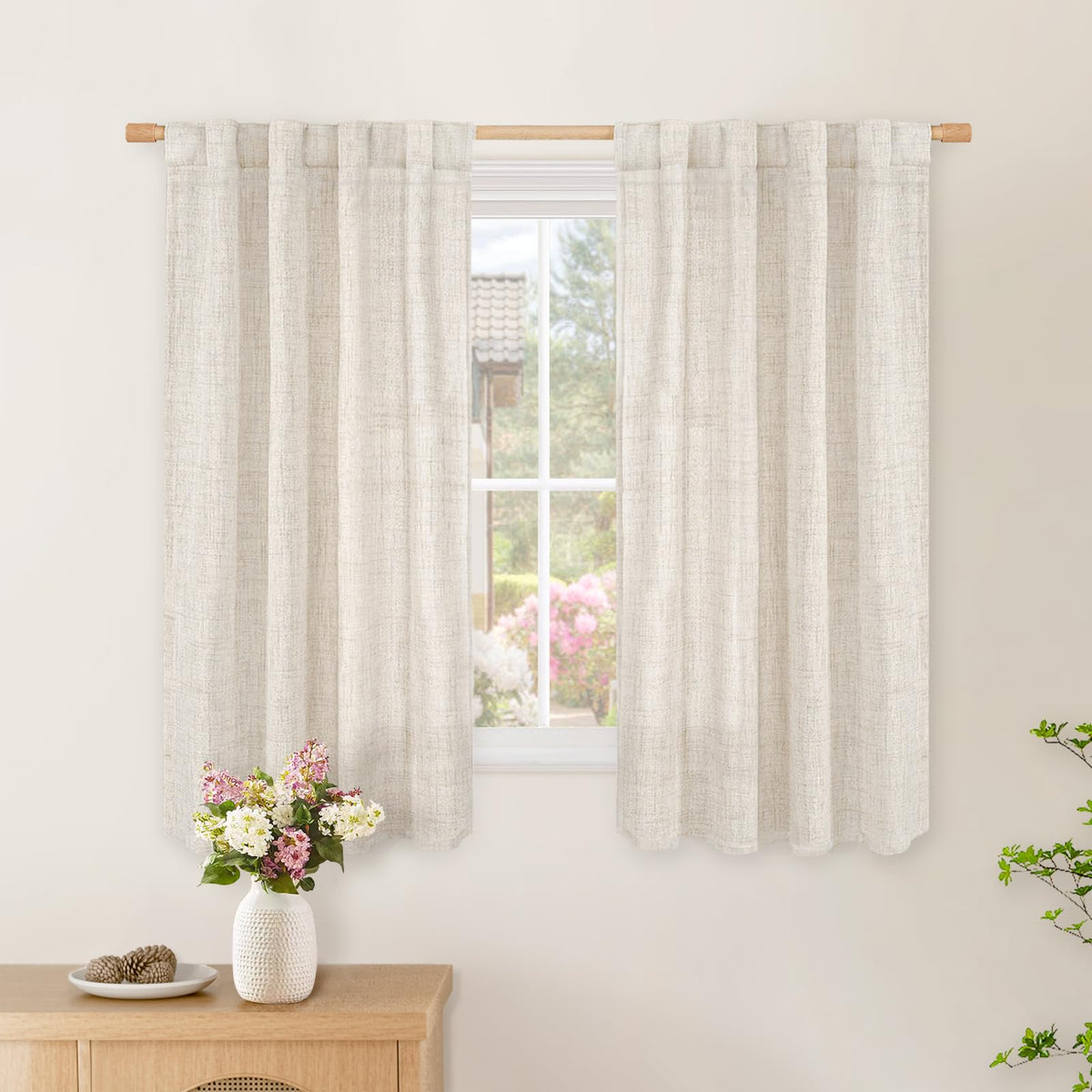 BGment White Linen Kitchen Curtains 40 Inch Length for Short Window