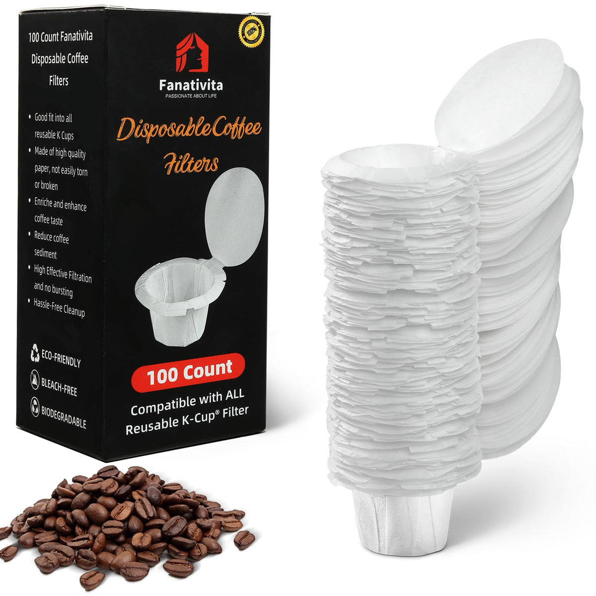 Fanativita 300ct K Cup Coffee Filters with Genius Lid, Unbleached