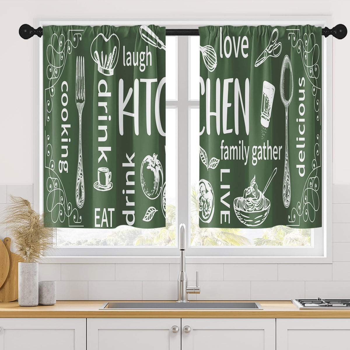 Arttown Kitchen Curtains 63 Inch Length, 2 Pack, Abstract Doodle Modern