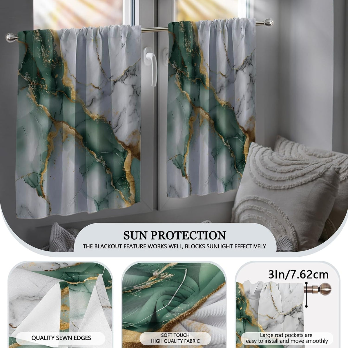 Kitchen Curtains Sets for Windows,52x36 Inch 3 Piece,Green Marble
