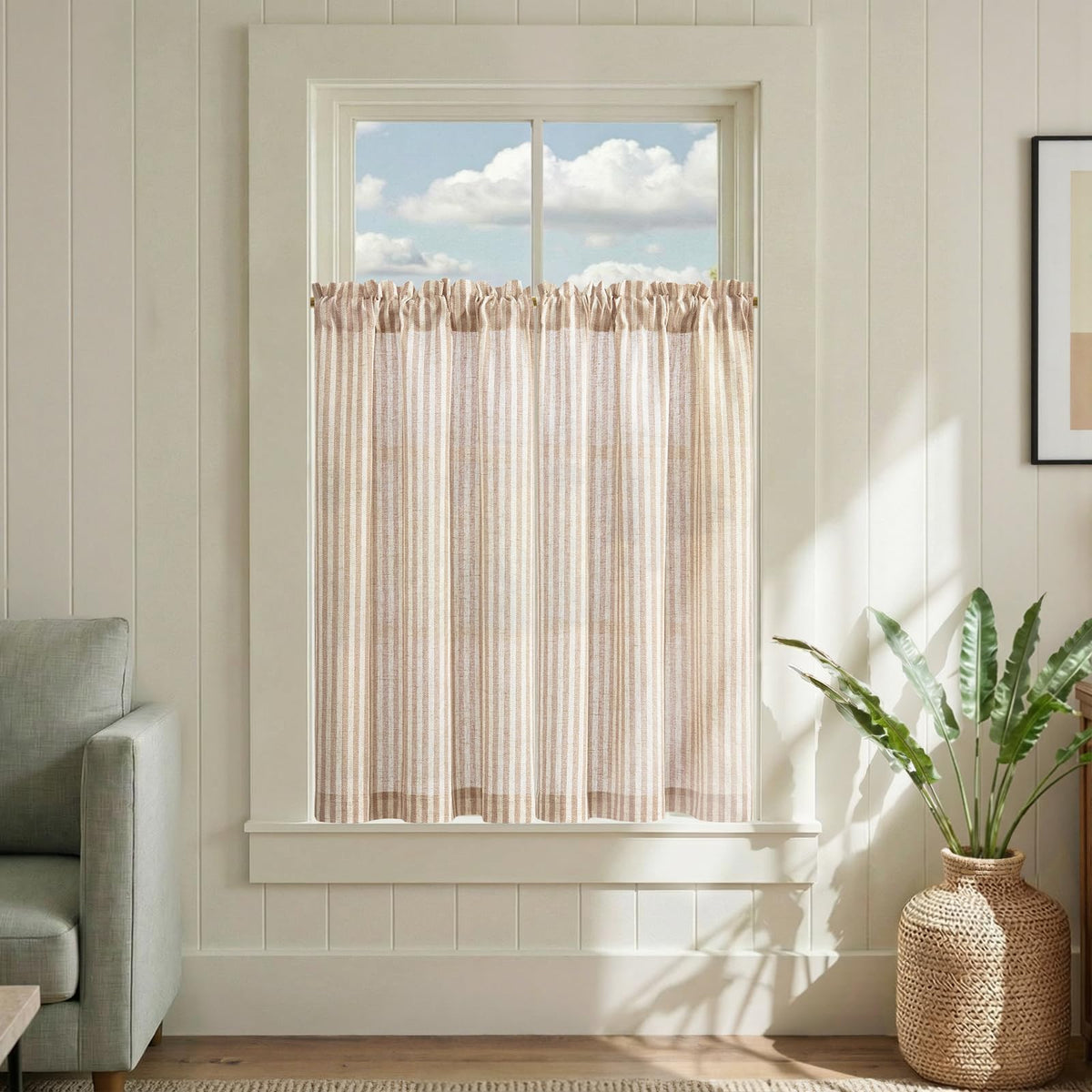 jinchan Striped Linen Kitchen Tier Curtains, 30 Inch, Sage Green, 2 Panels
