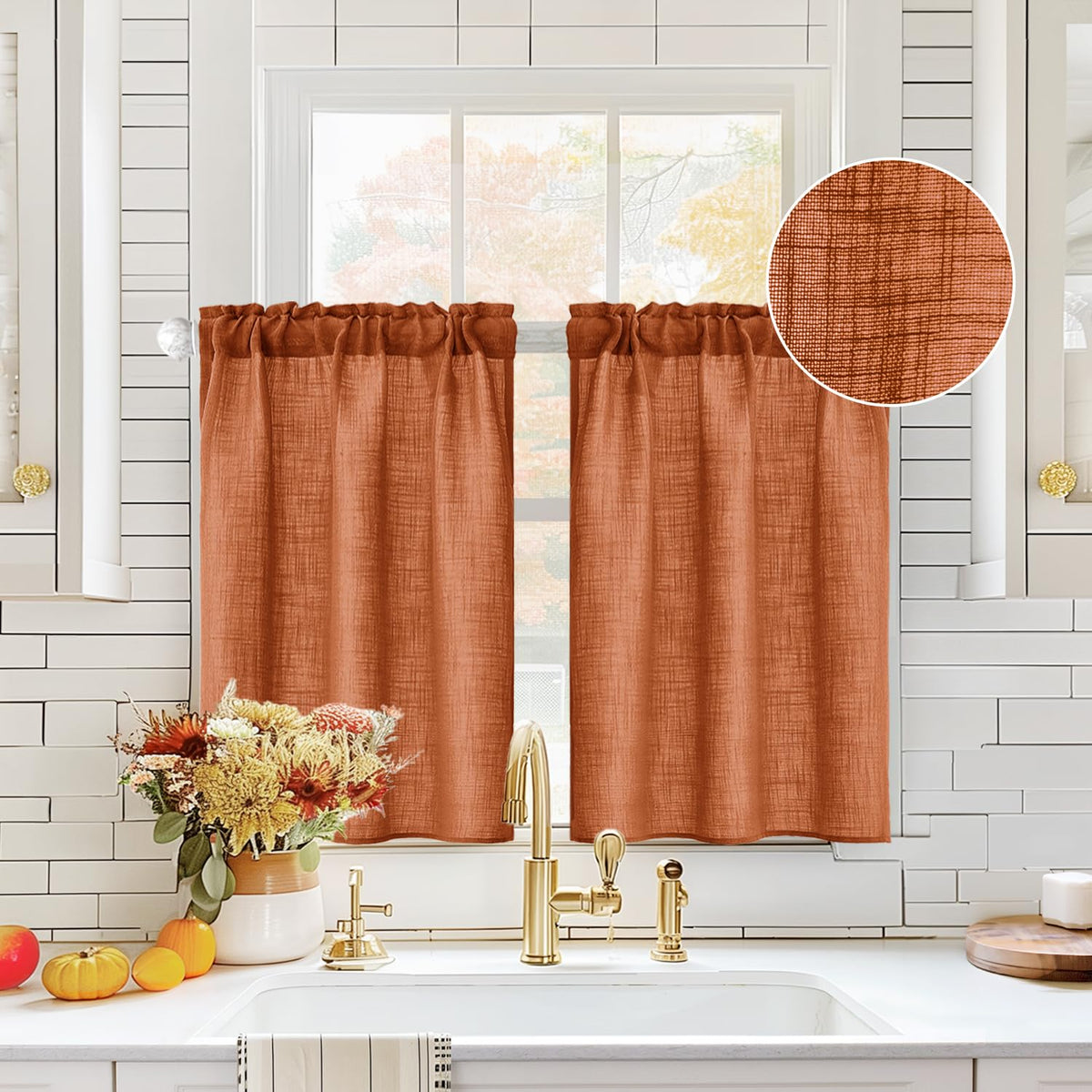 MIULEE Spring Linen Textured Kitchen Window Curtains over Sink 24 Inch Length Semi Sheer Farmhouse Small Curtains for Cafe Bathroom Basement, Short Rod Pocket Tier Curtains 2 Panels W26XL24 Sage Green