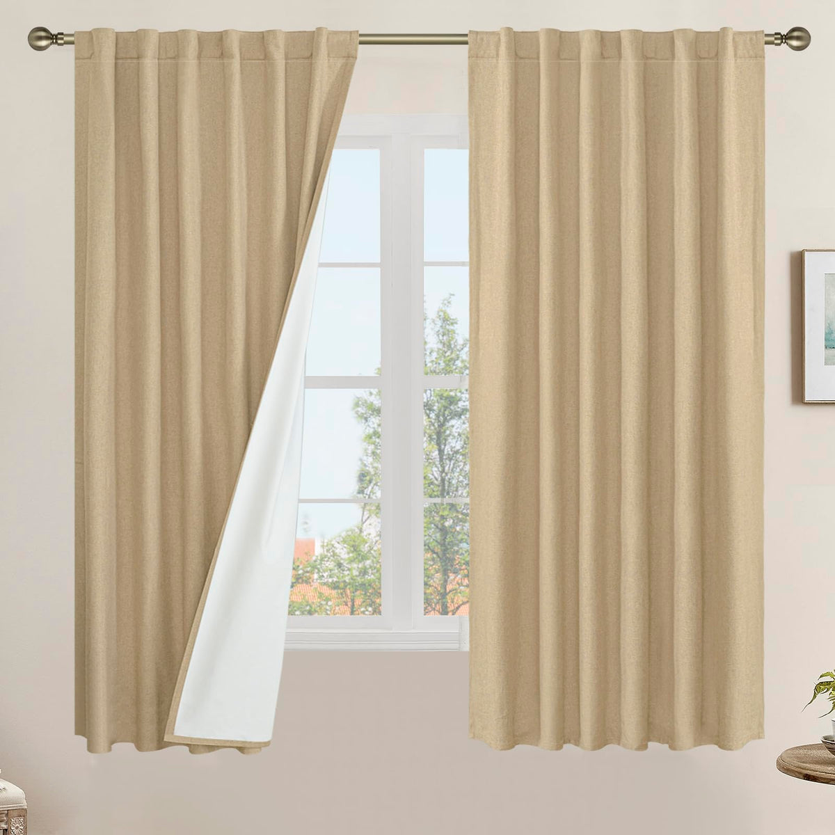 LAMIT Full Blackout Linen Kitchen Window Curtains 36 Inches Long, Ivory