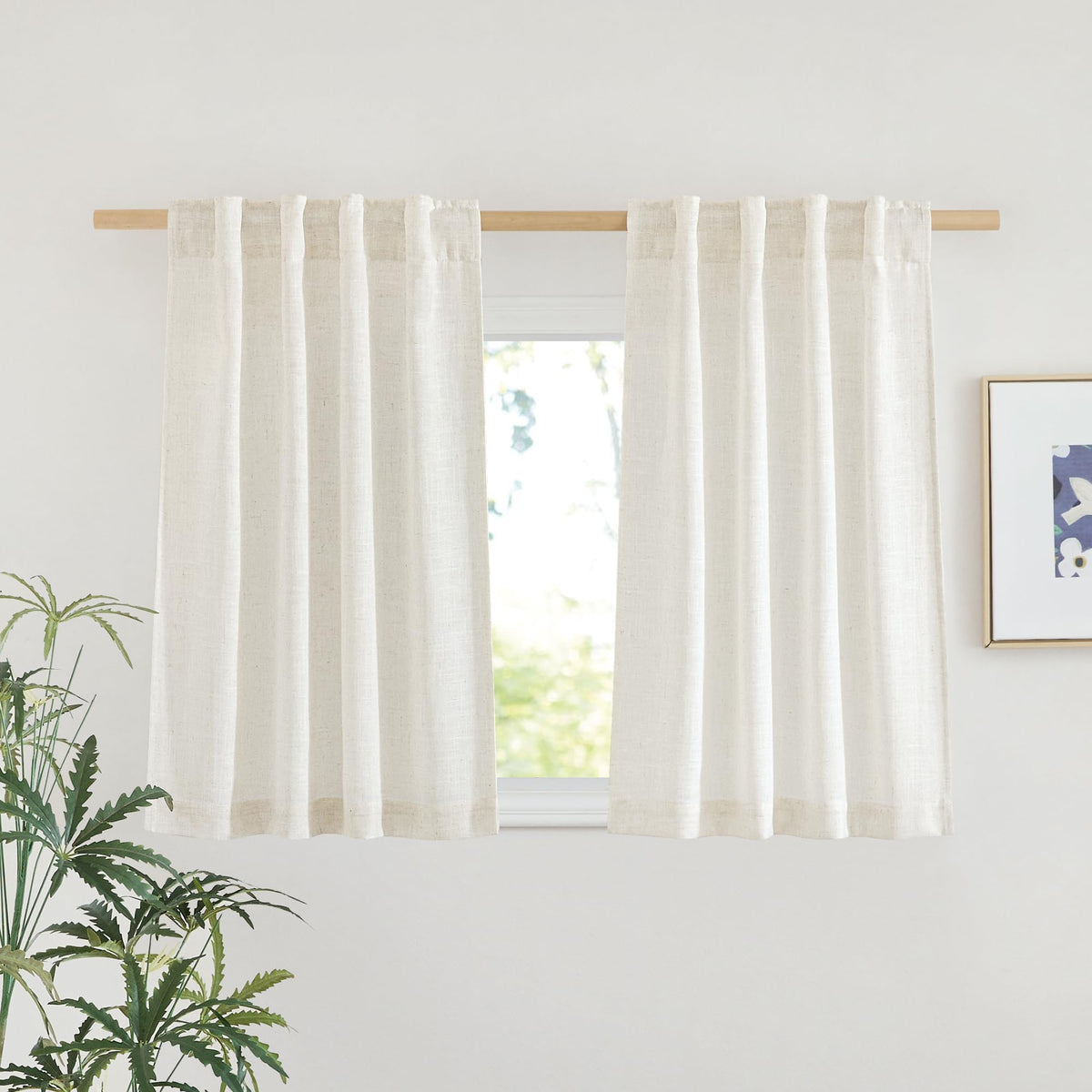 NICETOWN Natural Linen Kitchen Curtains 26 inches Long, Rod Pocket & Back Tab Semi Sheer Flax Window Treatments Rustic & Cute for Cafe/Kids Room, W37 x L26, 2 Panels