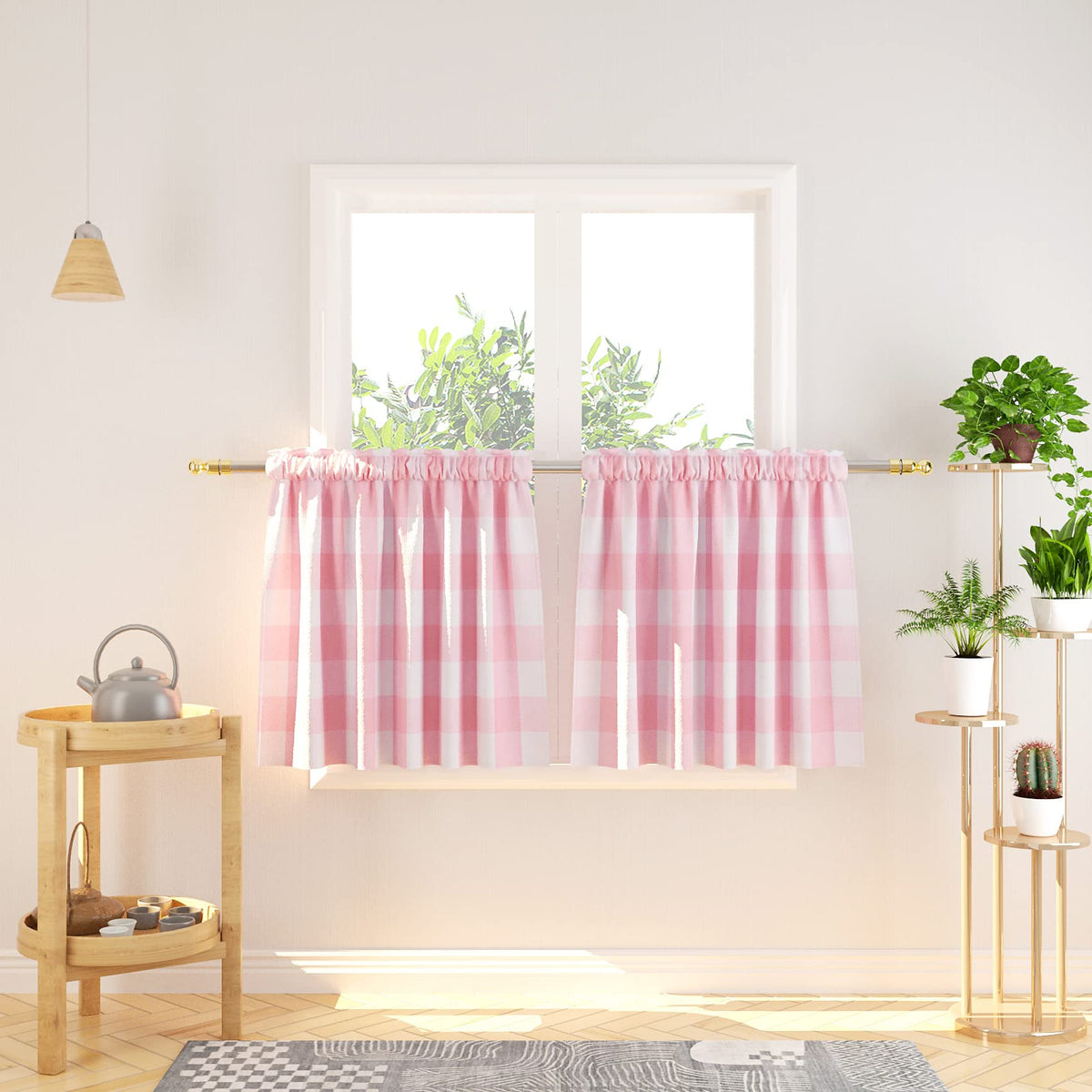 Buffalo Check Kitchen Tier Curtain 24 inches Long Plaid Gingham Rod Pocket Classic Cafe Curtains Country Farmhouse Kitchen Half Window Curtains 2 Panels Beige & White