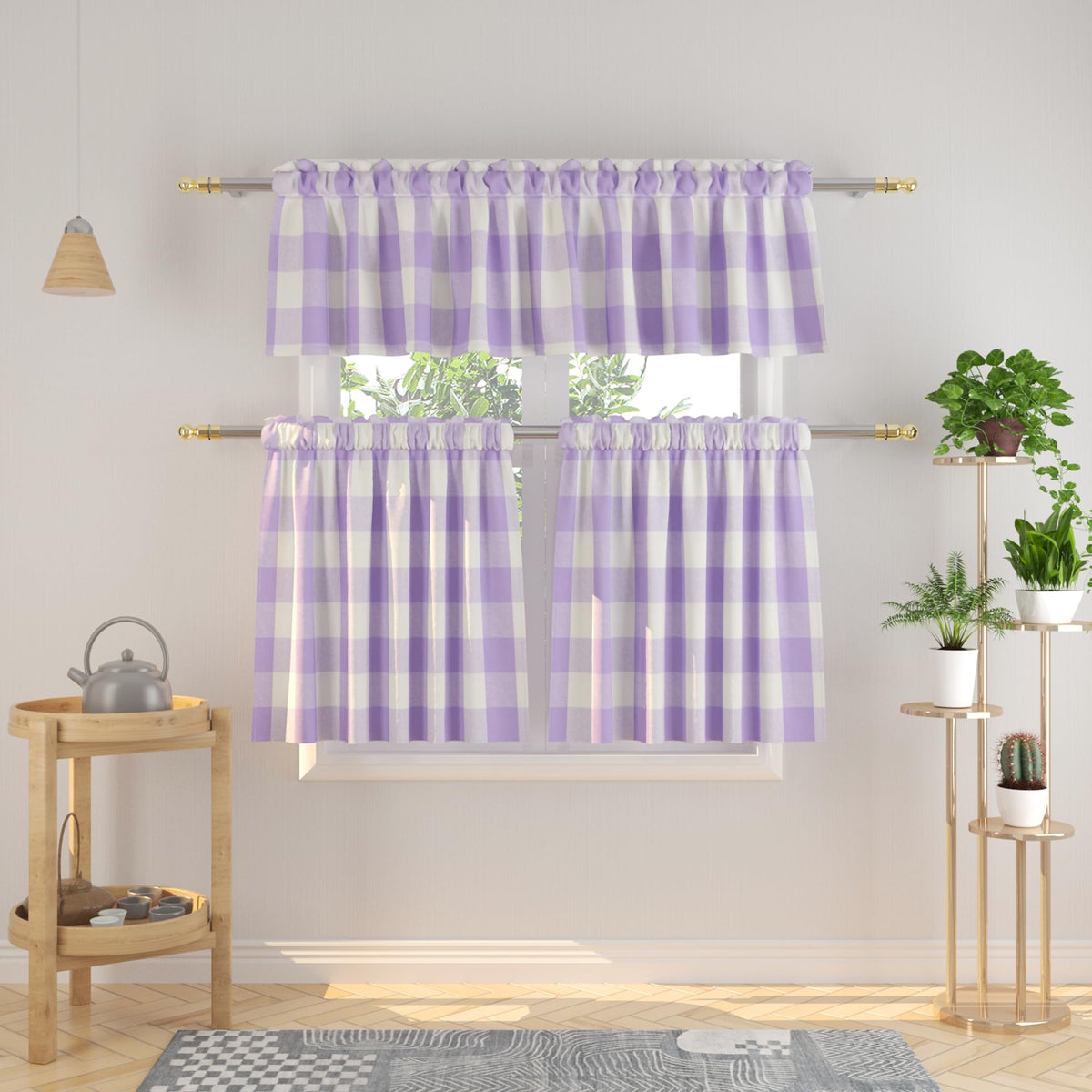 3 Pieces Tier Curtains and Valance Set Buffalo Check Kitchen Tiers Plaid Gingham Rod Pocket Classic Short Small Cafe Curtains Country Farmhouse Cafe Bathroom 54"x18"/27"x24" Brown & White
