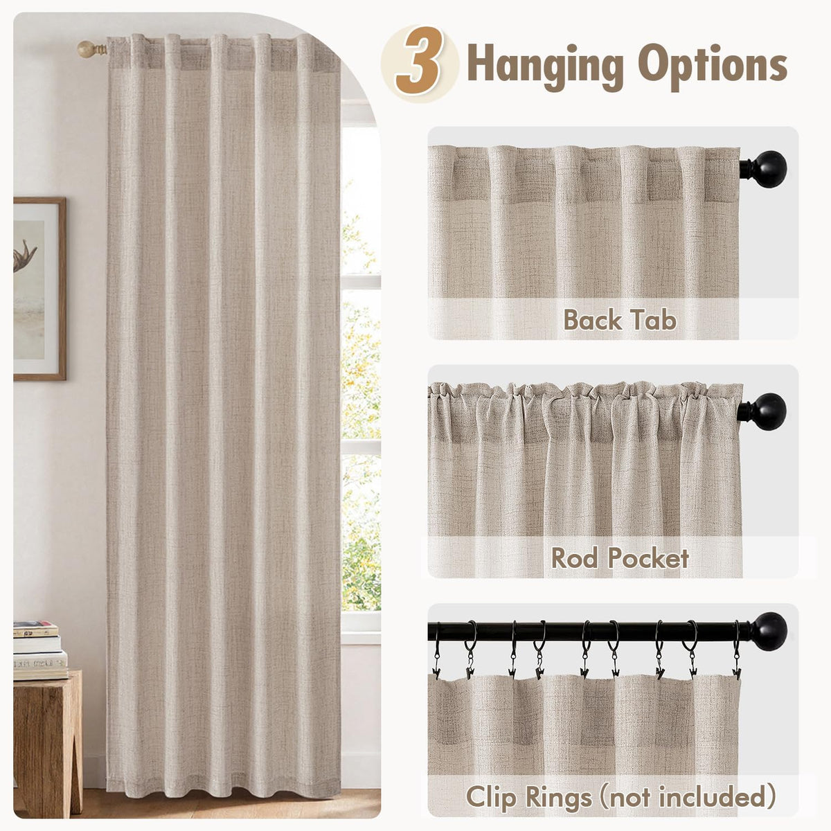 MIULEE 36 Inch Linen Textured Sheer Cafe Curtains Kitchen Window Tan Beige