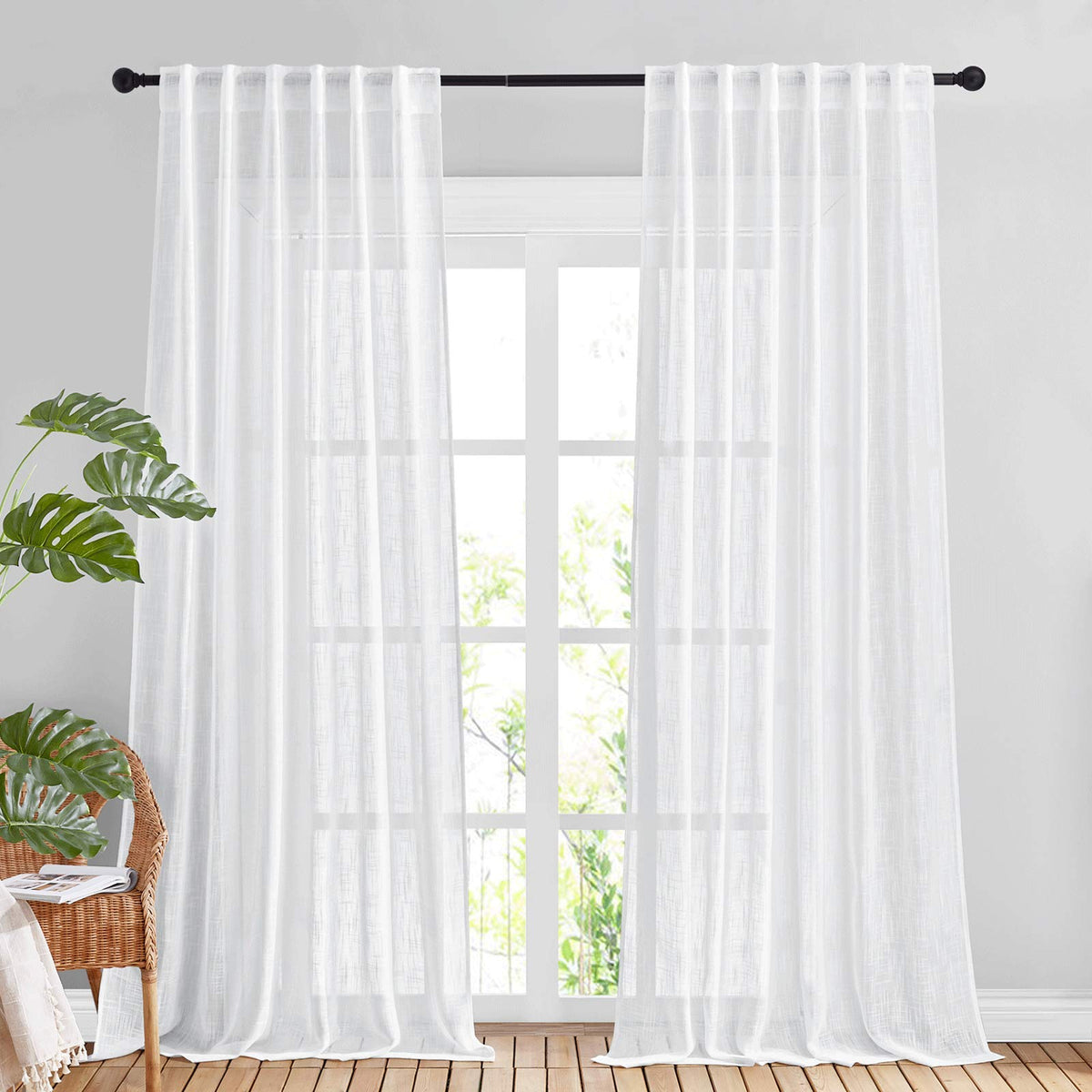 NICETOWN Natural Linen Kitchen Curtains 26 inches Long, Rod Pocket & Back Tab Semi Sheer Flax Window Treatments Rustic & Cute for Cafe/Kids Room, W37 x L26, 2 Panels
