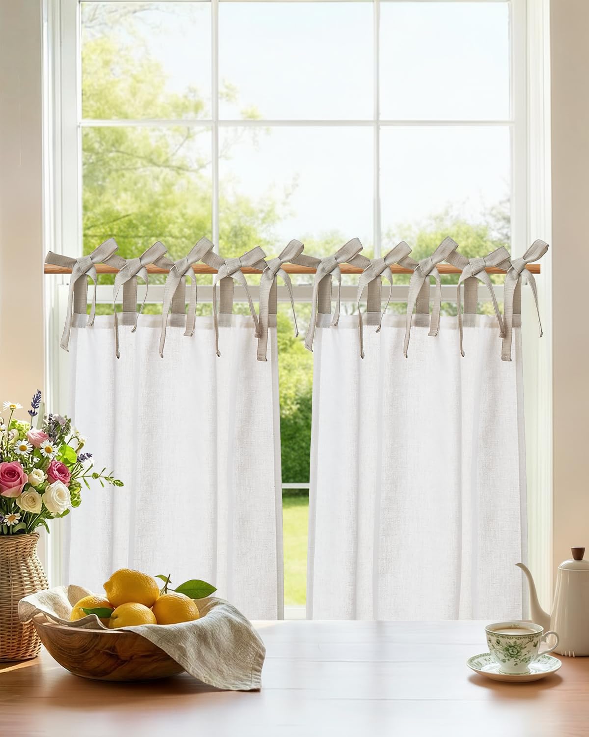 jinchan Solid Linen Kitchen Tier Curtains 24 Inches Tie Top 2 Panles Crude