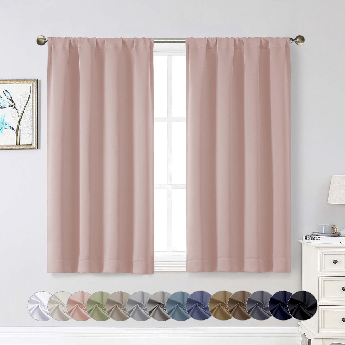 Black Cafe Blackout Curtains 36 Inch Length 2 Panels Set, Soft Solid Thermal Insulated Room Darkening Small Window Curtains for Kitchen Bathroom Basement, Black, Each, 40" Wx36 L