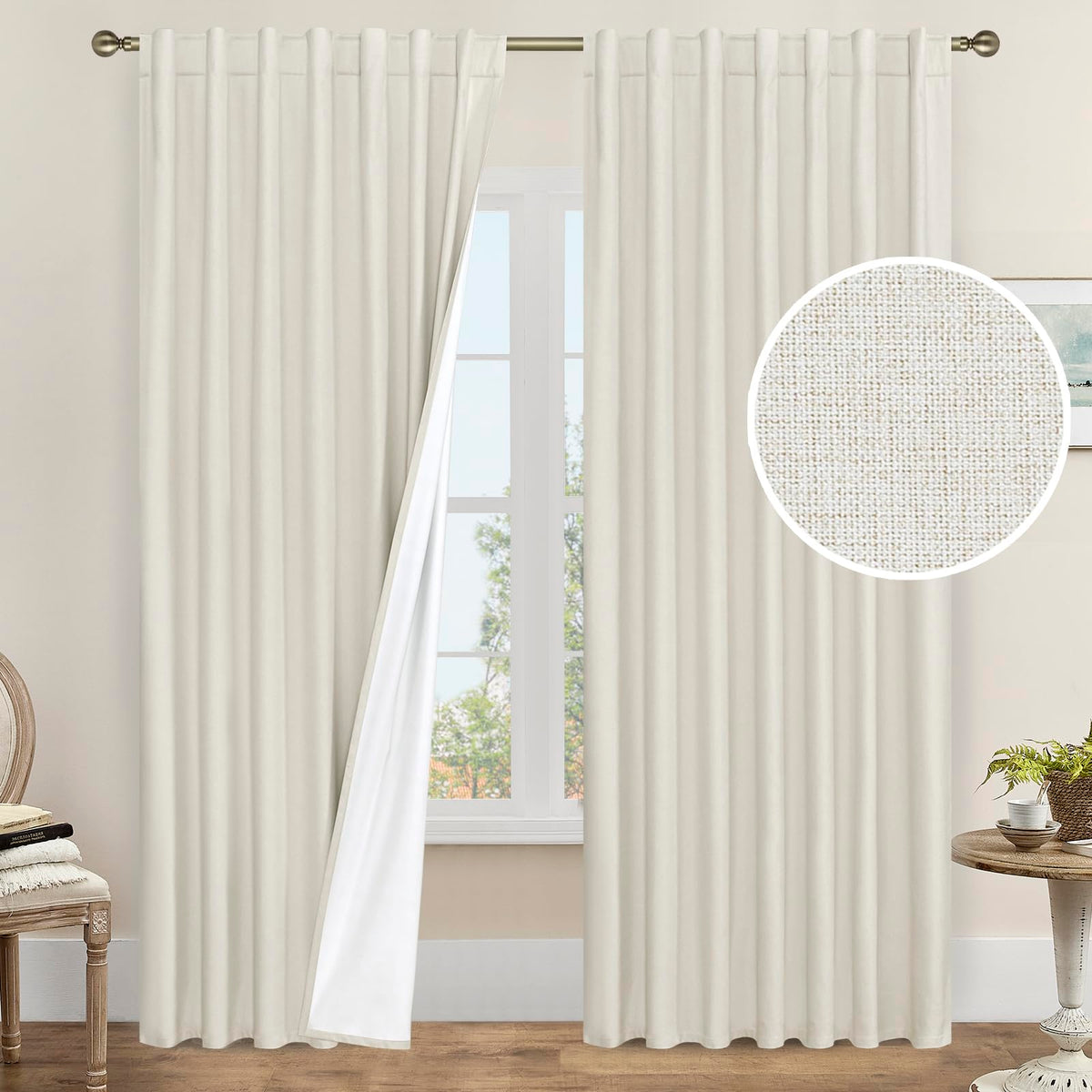 LAMIT Full Blackout Linen Kitchen Window Curtains 36 Inches Long, Ivory