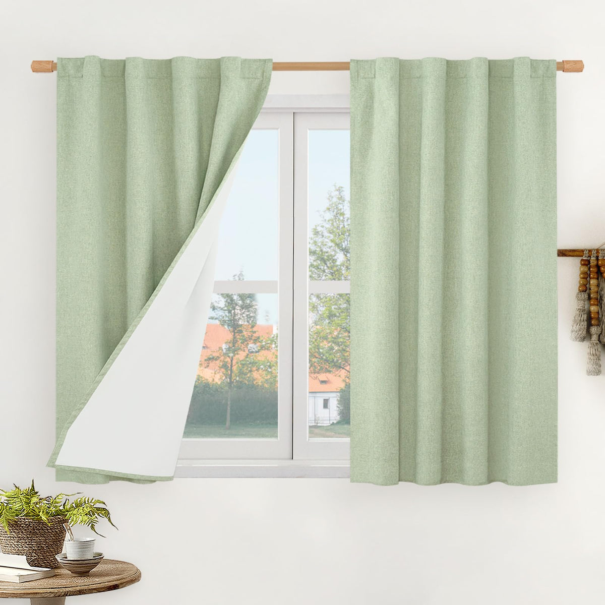 LAMIT Full Blackout Linen Kitchen Window Curtains 36 Inches Long, Ivory