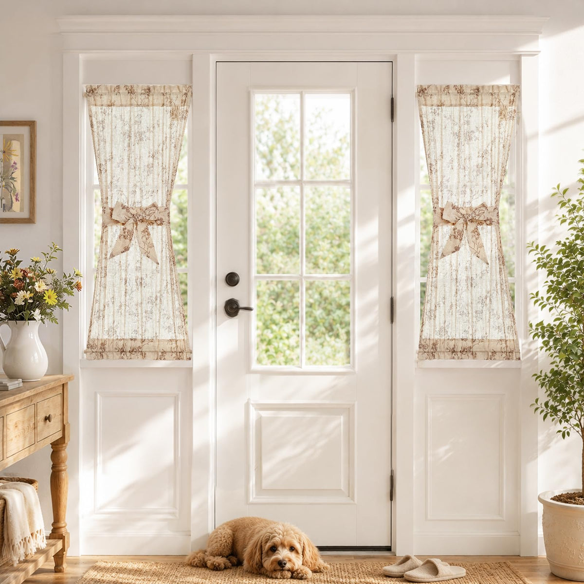 jinchan Blue Linen Floral French Door Curtain 40 Inch Rod Pocket 1 Panel