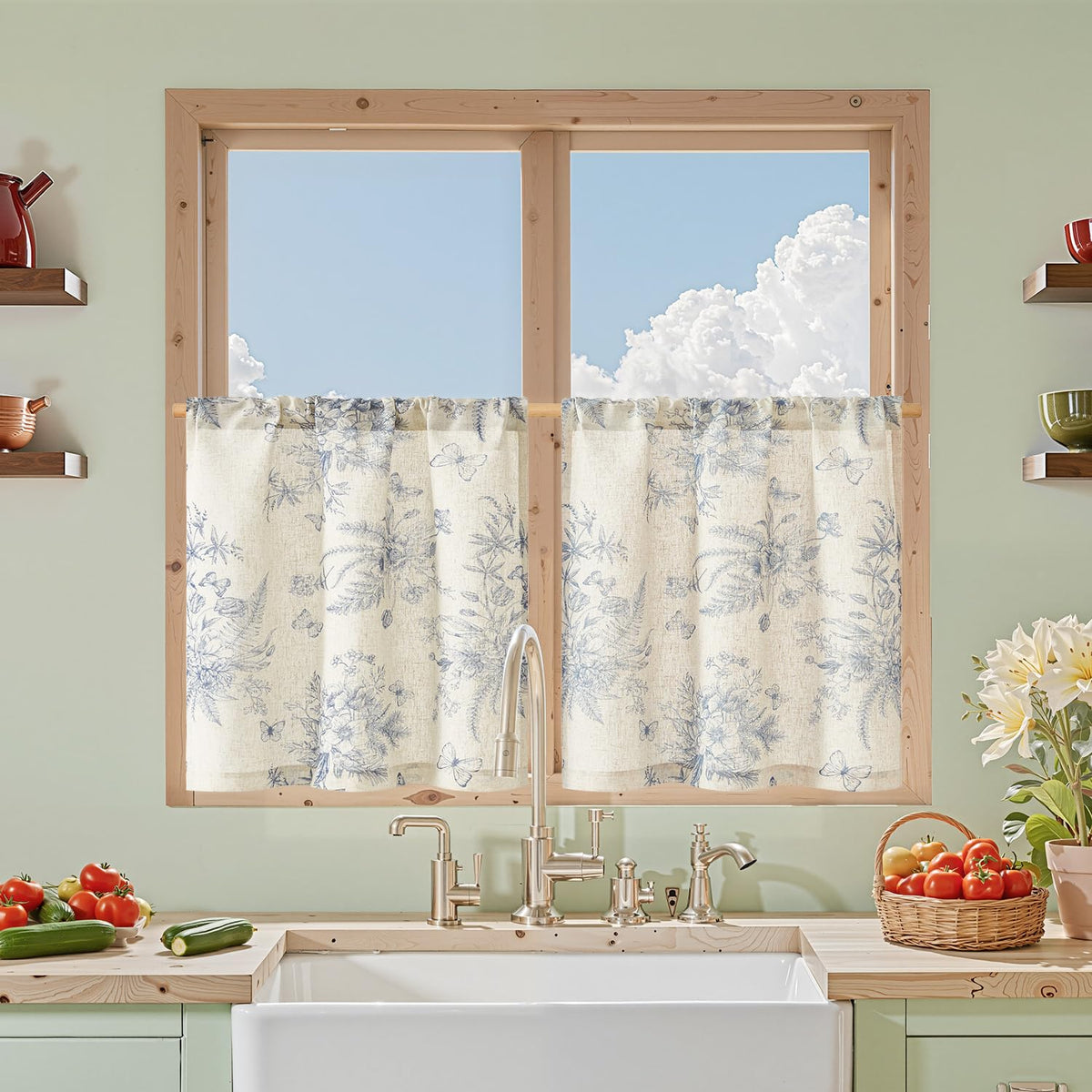 jinchan Floral Kitchen Tier Curtains 24 Inch 2 Panels Sage Green on Beige