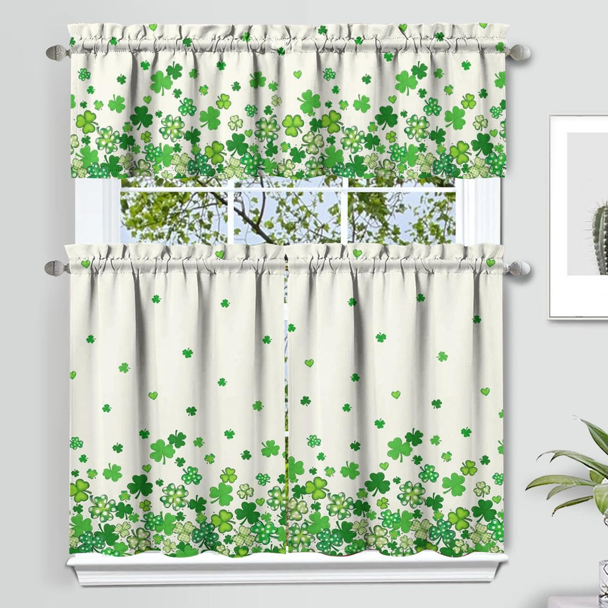 Sage Kitchen Curtain Valance 3 Piece Set, Sage Leaf Floral Kitchen Decor for Home Interior, Farmhouse Style Sink Window Curtains 36 Inch