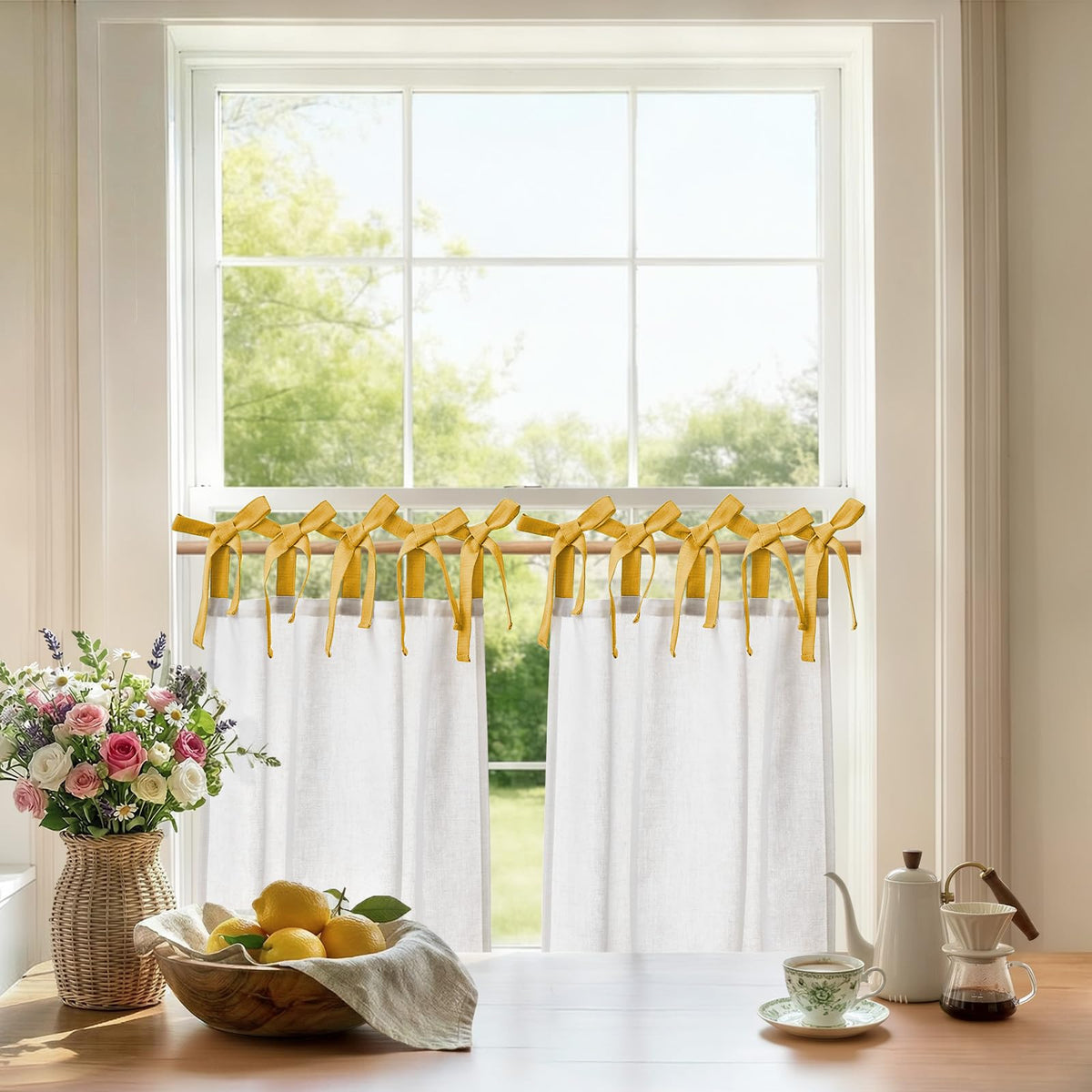 jinchan Solid Linen Kitchen Tier Curtains 24 Inches Tie Top 2 Panles Crude