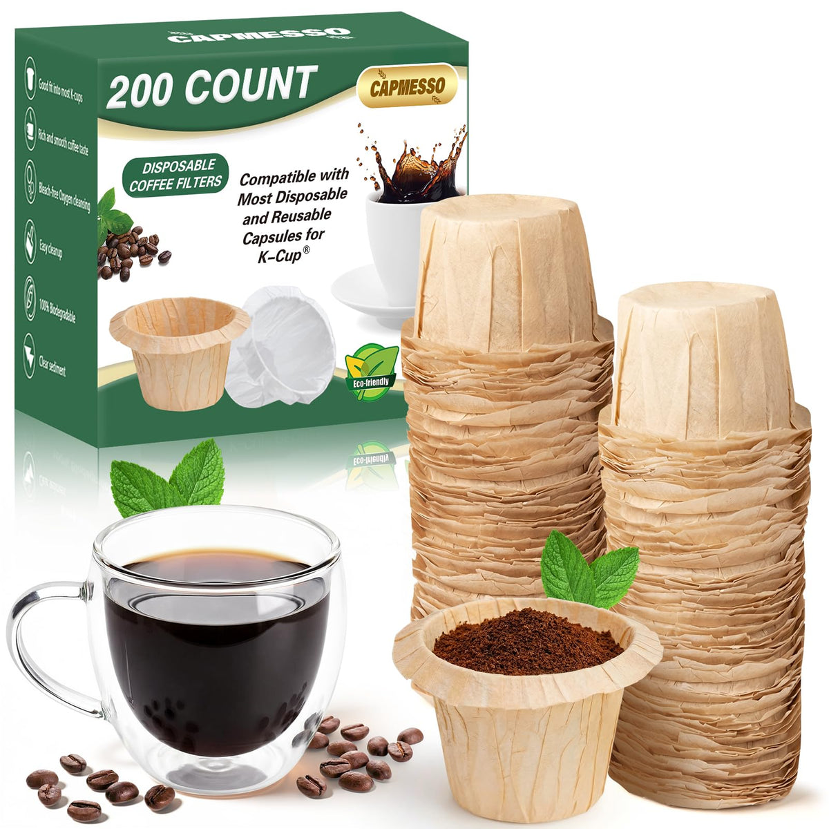 CAPMESSO Disposable K Cup Paper Filters for Keurig 1.0&2.0, 200 Unbleached