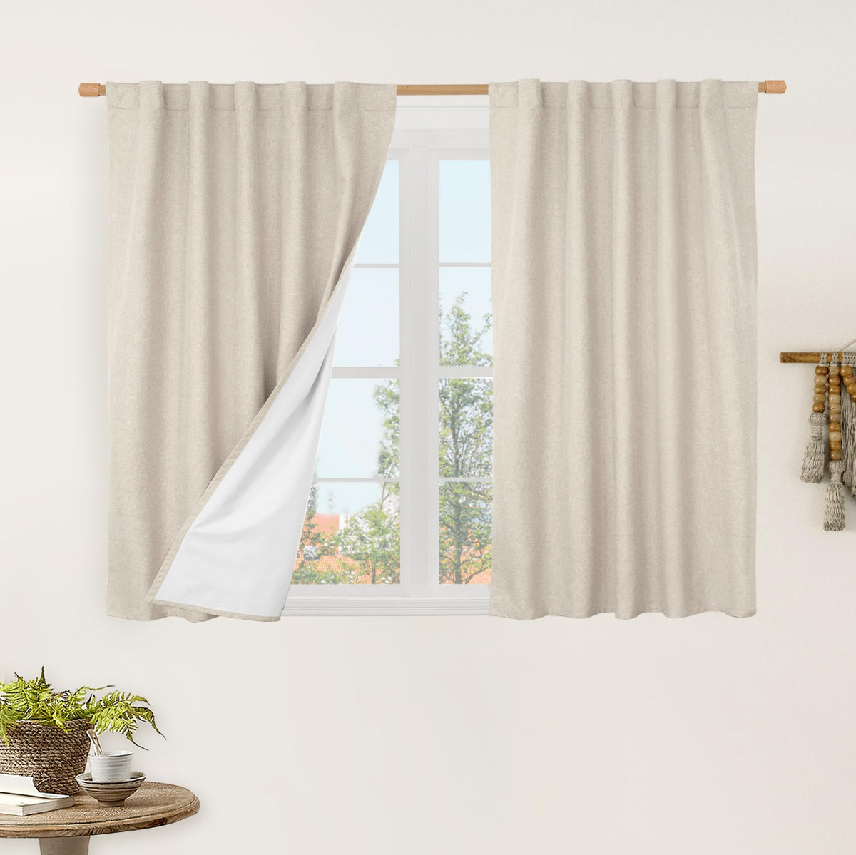 LAMIT Full Blackout Linen Kitchen Window Curtains 36 Inches Long, Ivory