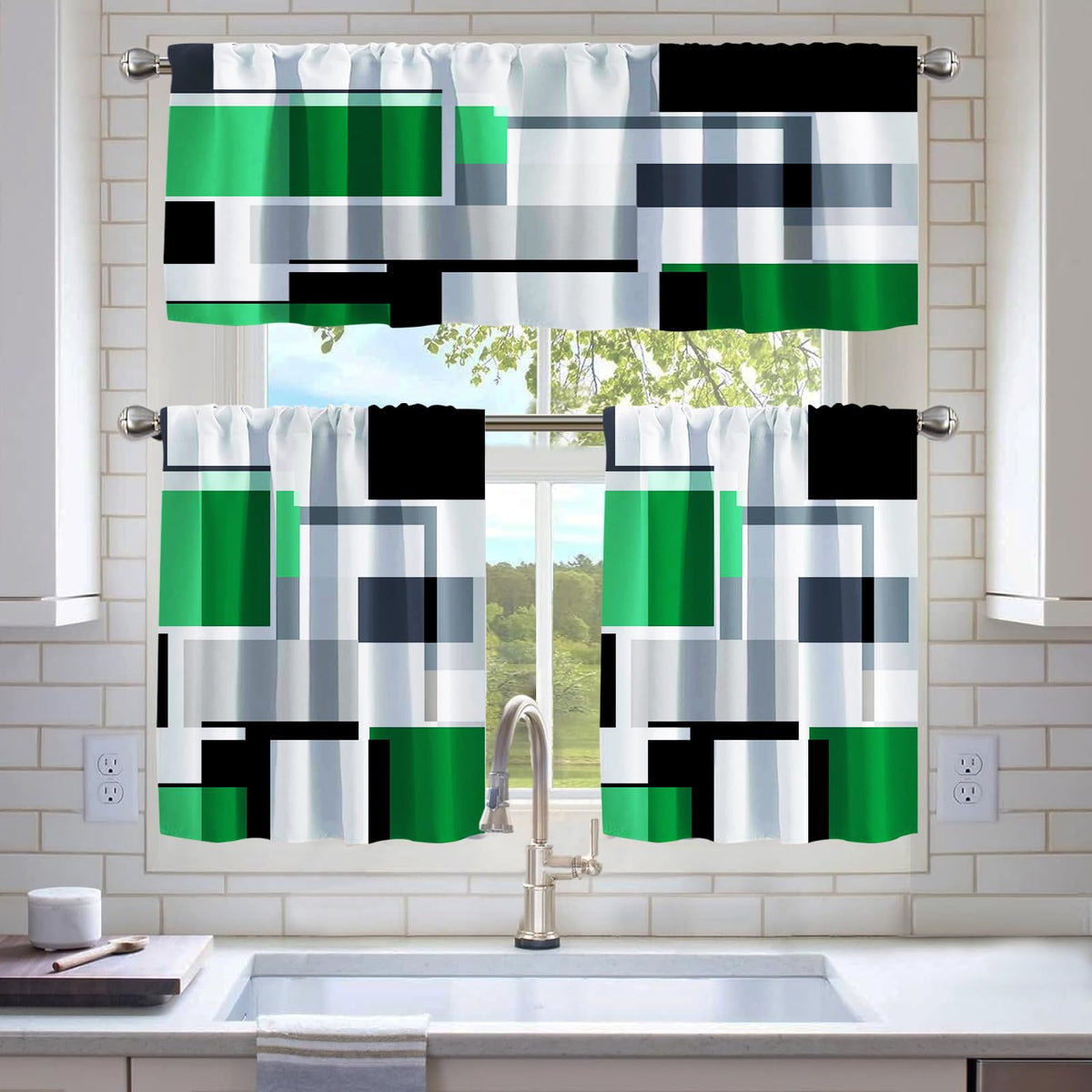 Kitchen Curtains Sets for Windows,52x36 Inch 3 Piece,Green Marble