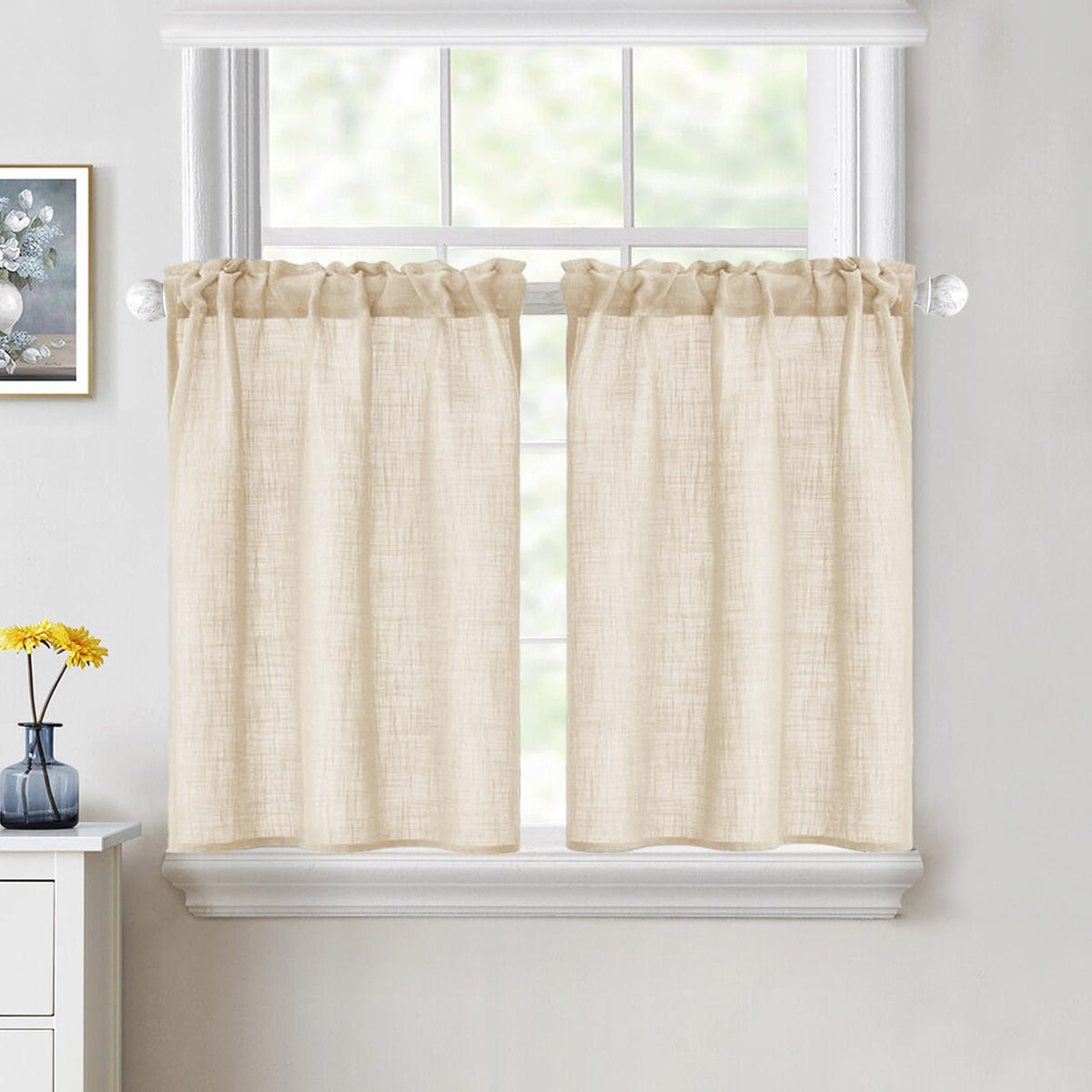 MIULEE Spring Linen Textured Kitchen Window Curtains over Sink 24 Inch Length Semi Sheer Farmhouse Small Curtains for Cafe Bathroom Basement, Short Rod Pocket Tier Curtains 2 Panels W26XL24 Sage Green