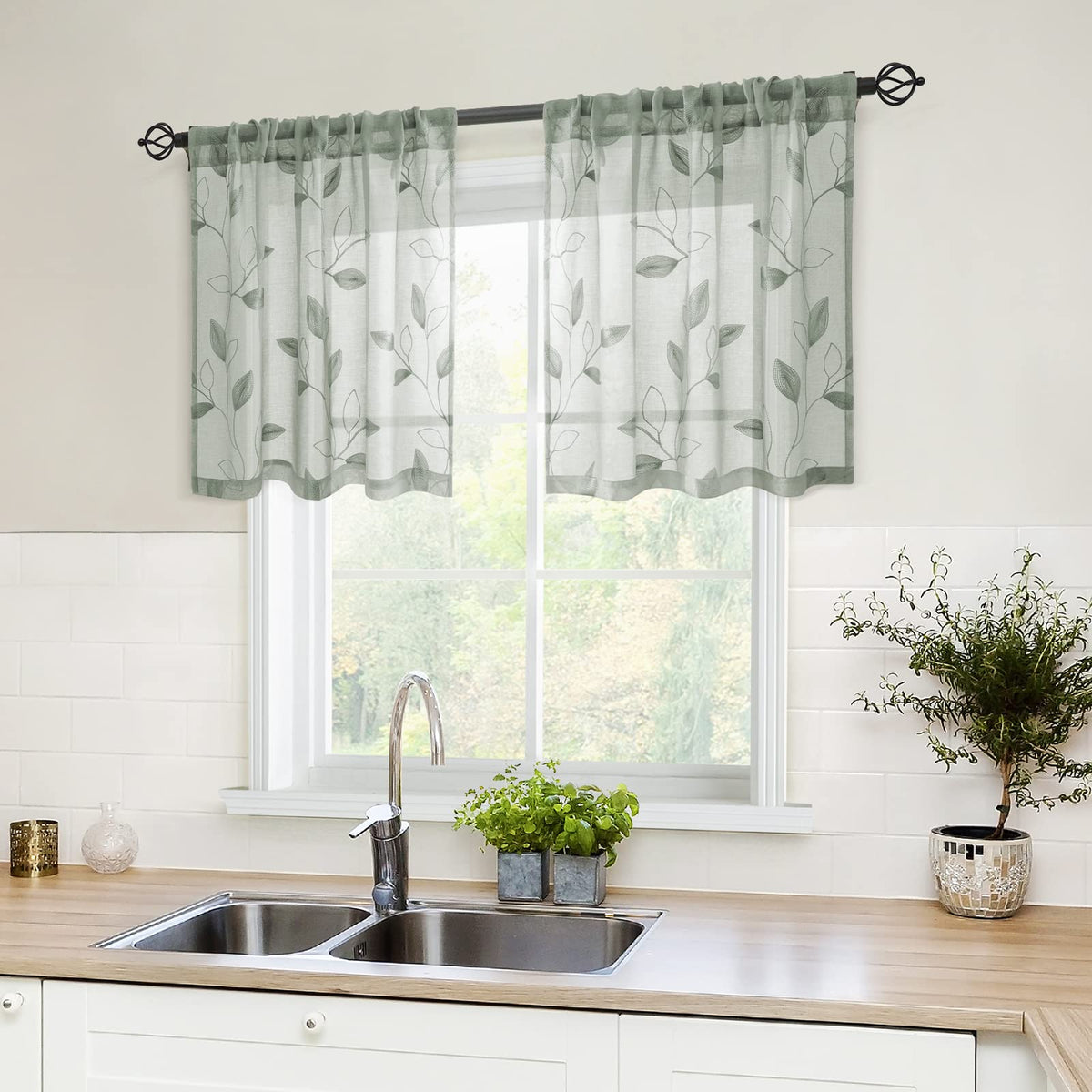HOMEIDEAS Sage Green Kitchen Tier Curtains Leaf Embroidered, 30x36, 2 Panel