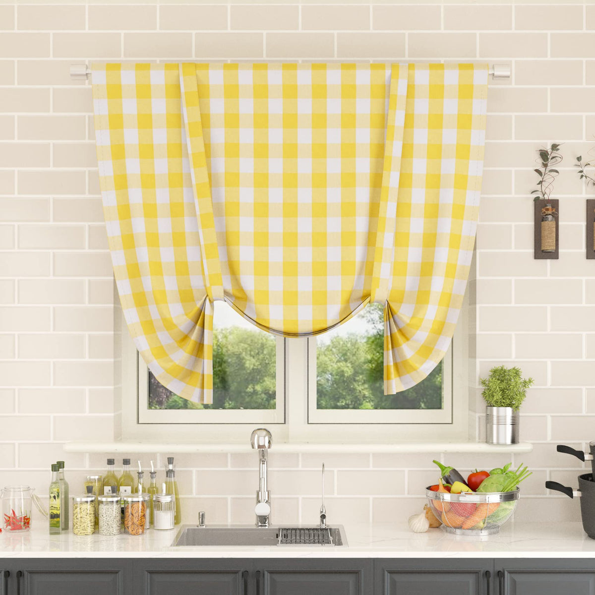 Buffalo Check Kitchen Tier Curtain 24 inches Long Plaid Gingham Rod Pocket Classic Cafe Curtains Country Farmhouse Kitchen Half Window Curtains 2 Panels Beige & White