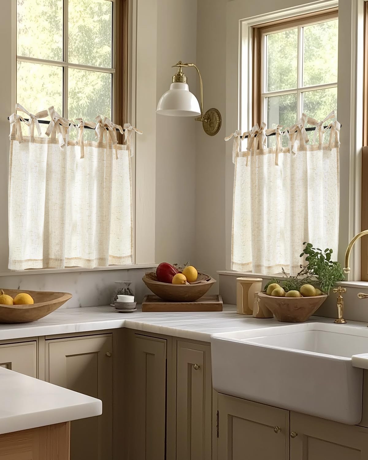 jinchan Solid Linen Kitchen Tier Curtains 24 Inches Tie Top 2 Panles Crude