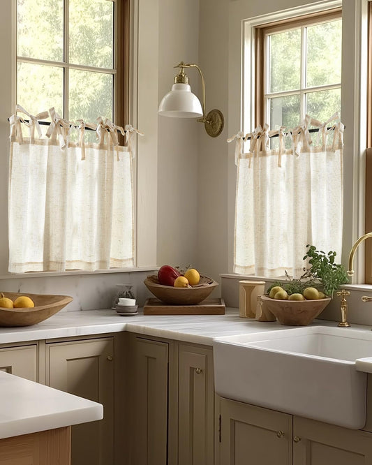 jinchan Solid Linen Kitchen Tier Curtains 24 Inches Tie Top 2 Panles Crude