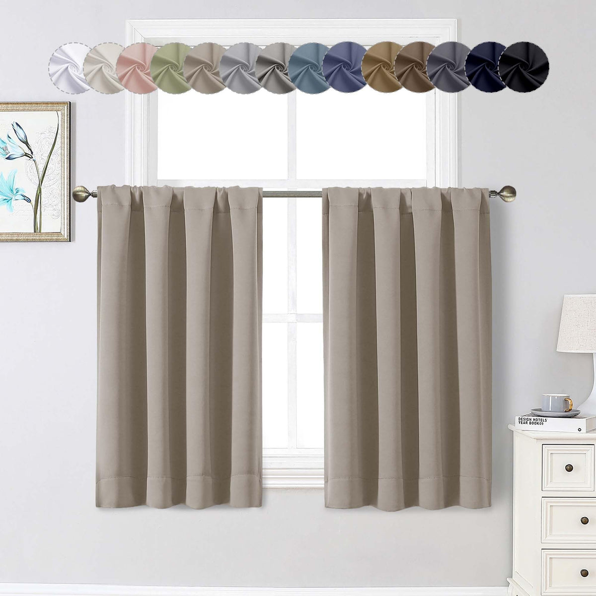 Black Cafe Blackout Curtains 36 Inch Length 2 Panels Set, Soft Solid Thermal Insulated Room Darkening Small Window Curtains for Kitchen Bathroom Basement, Black, Each, 40" Wx36 L