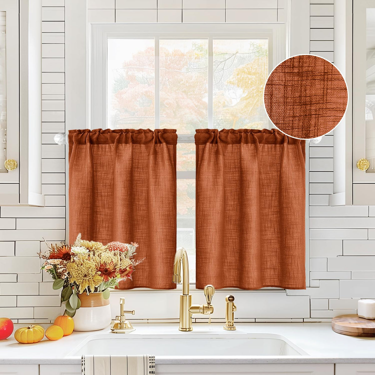 MIULEE Spring Linen Textured Kitchen Window Curtains over Sink 24 Inch Length Semi Sheer Farmhouse Small Curtains for Cafe Bathroom Basement, Short Rod Pocket Tier Curtains 2 Panels W26XL24 Sage Green