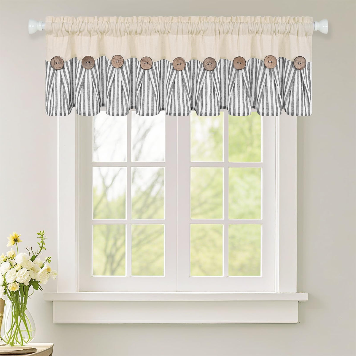 ASPMIZ Cotton Linen Kitchen Valance Curtains, Boho Rustic Button Linen Valances for Windows Farmhouse, Black with Grey Stripe Valance Window Topper Treatment Window Valances for Bathroom, 52 x 18 Inch
