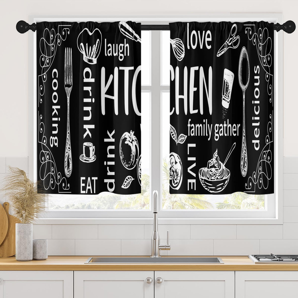 Arttown Kitchen Curtains 63 Inch Length, 2 Pack, Abstract Doodle Modern