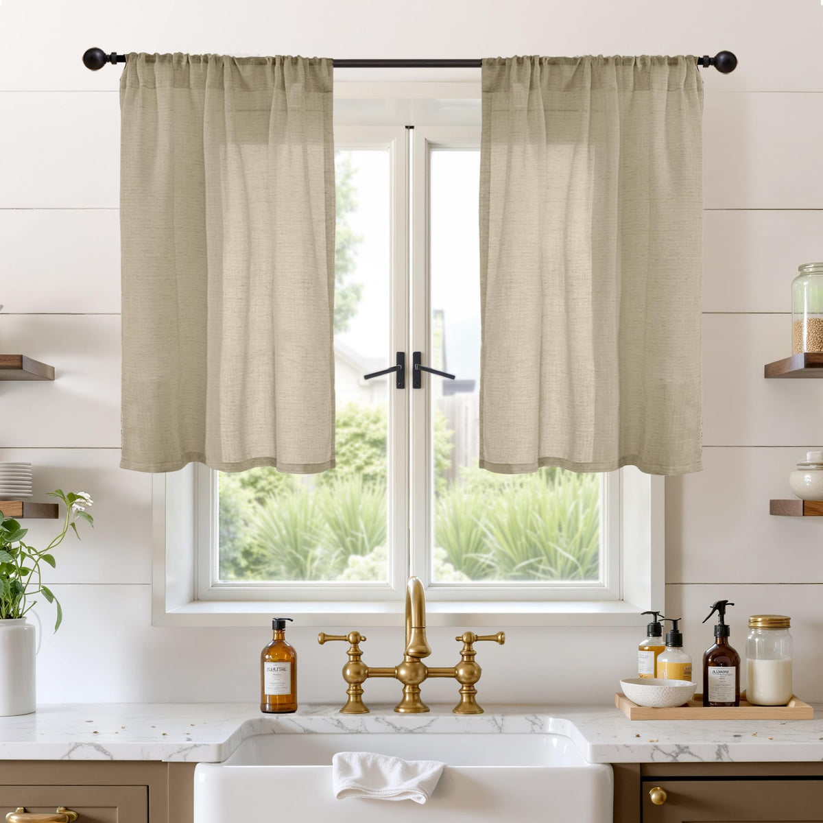 BGment Linen Kitchen Window Curtains Over Sink, 36 Inch Length Cafe Drapes