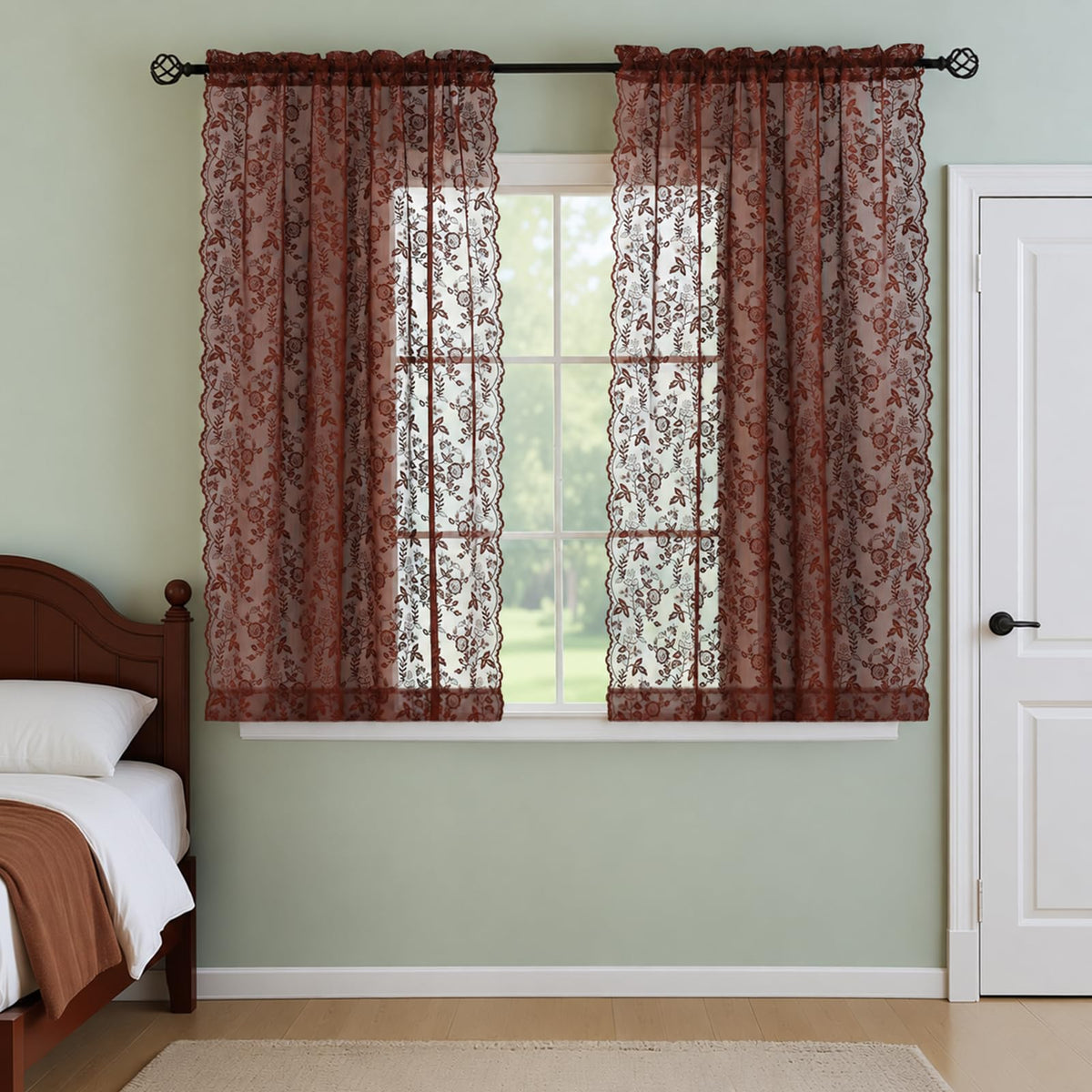 FINECITY Short Beige Lace Curtains Rustic Leaf Floral W42xL36 Inch 2 Panels