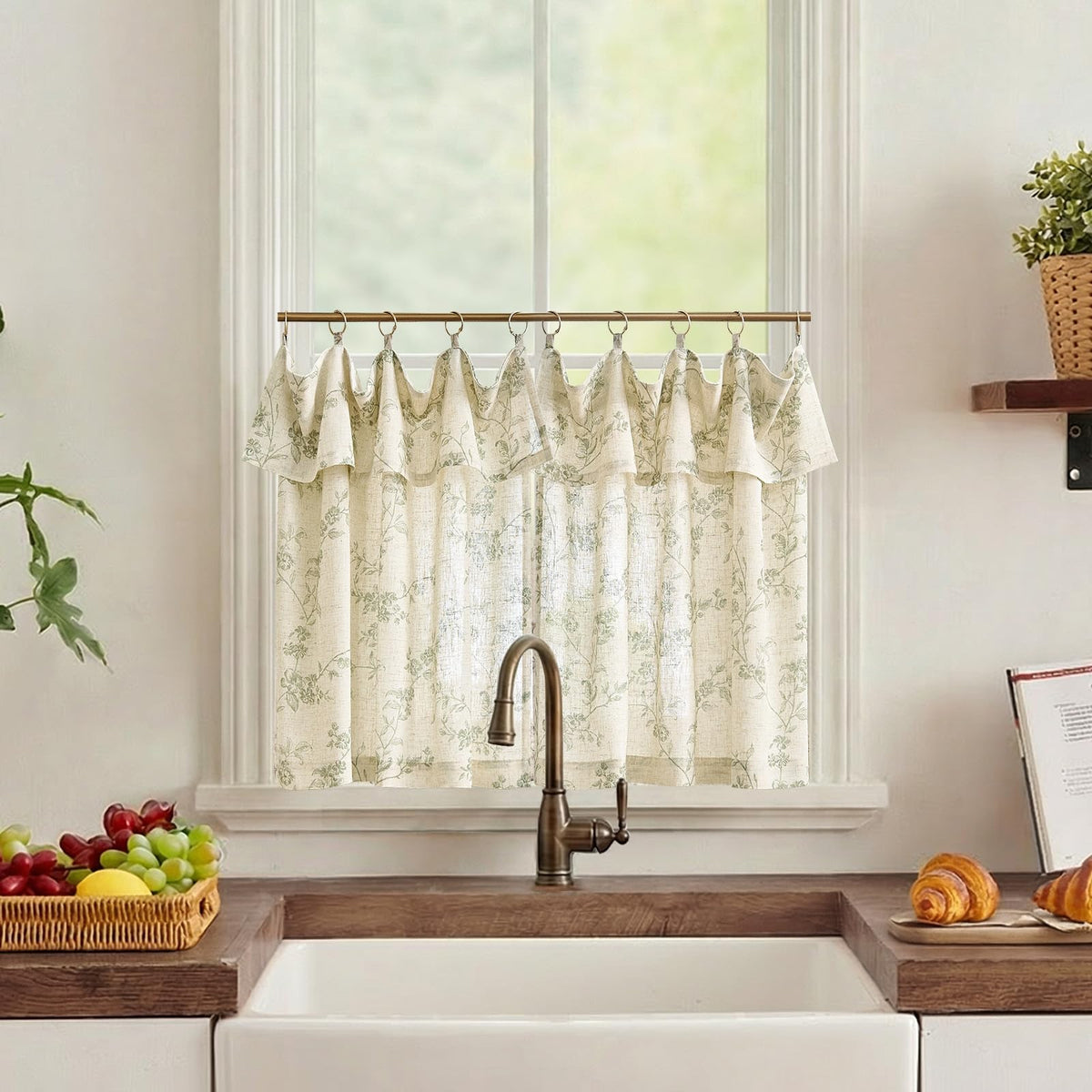 jinchan Floral Linen Kitchen Tier Curtains, 36 Inch, 2 Panels, Taupe