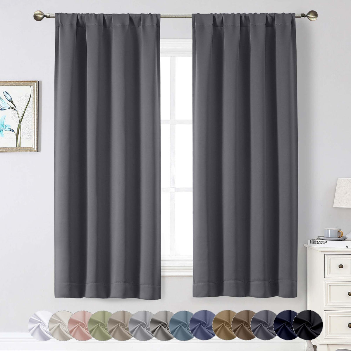 Black Cafe Blackout Curtains 36 Inch Length 2 Panels Set, Soft Solid Thermal Insulated Room Darkening Small Window Curtains for Kitchen Bathroom Basement, Black, Each, 40" Wx36 L