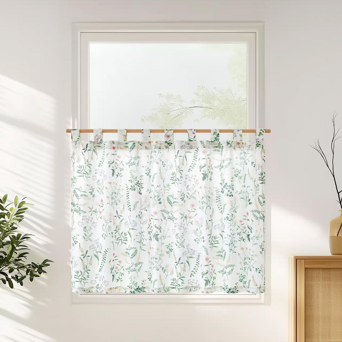 jinchan Floral Kitchen Tier Curtains 24 Inch 2 Panels Sage Green on Beige