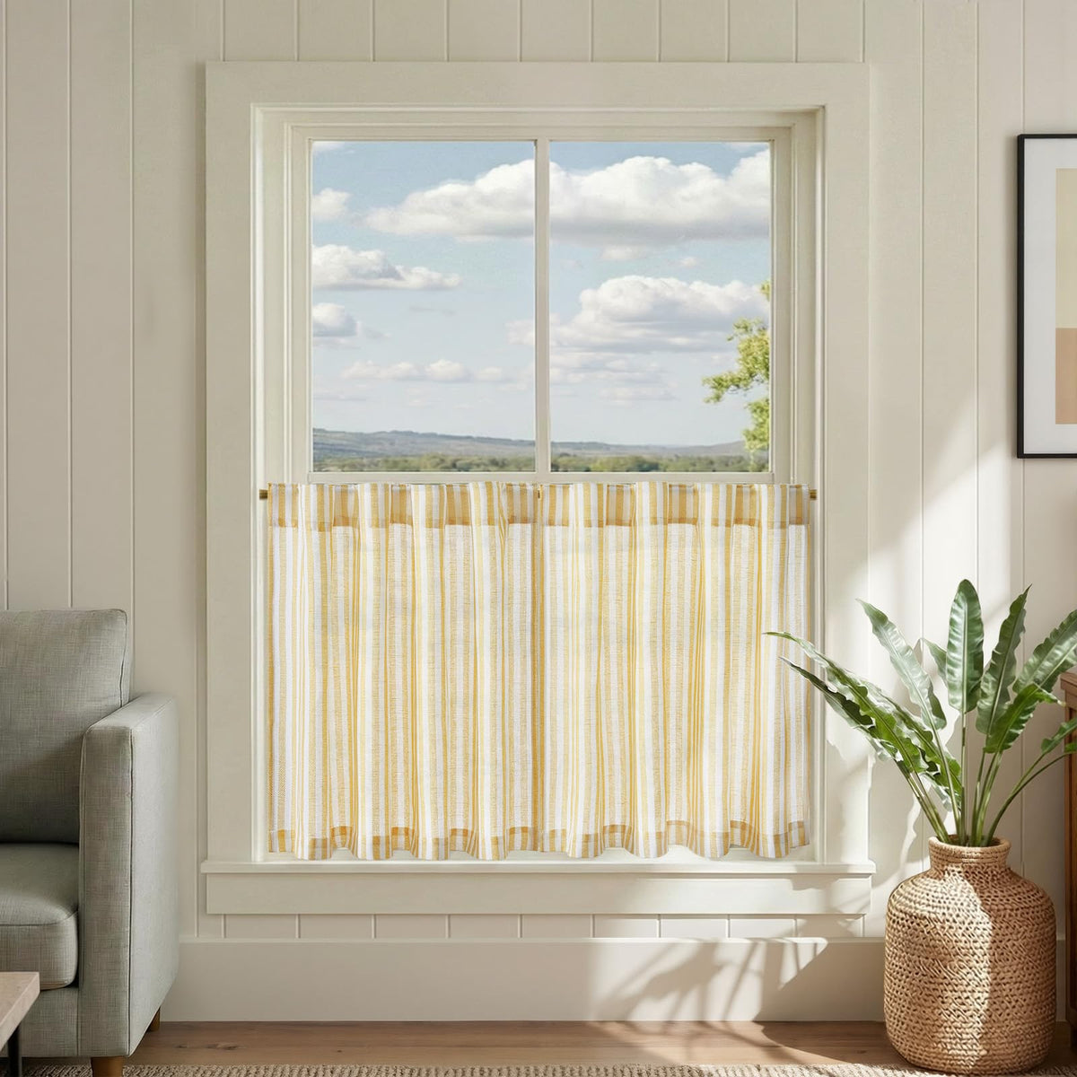 jinchan Striped Linen Kitchen Tier Curtains, 20 Inch, Tan, 2 Panels